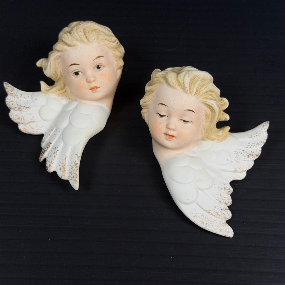 Vtg Lefton Wall Bisque Porcelain White Angel Cherub Set Gold Accent KW2342